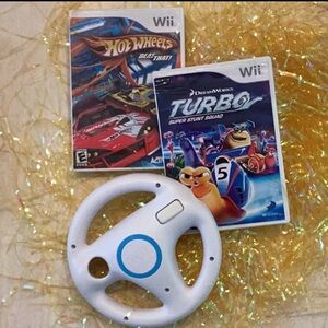 Hot Wheels Wii Game & Turbo Super Stunt Squad Wii Game & Wii Wheel Lot Racing